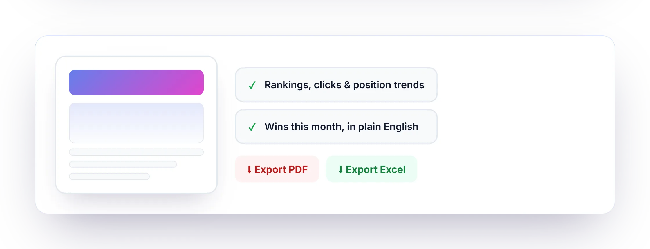 Client reports preview with ranking trends and export options for PDF and Excel