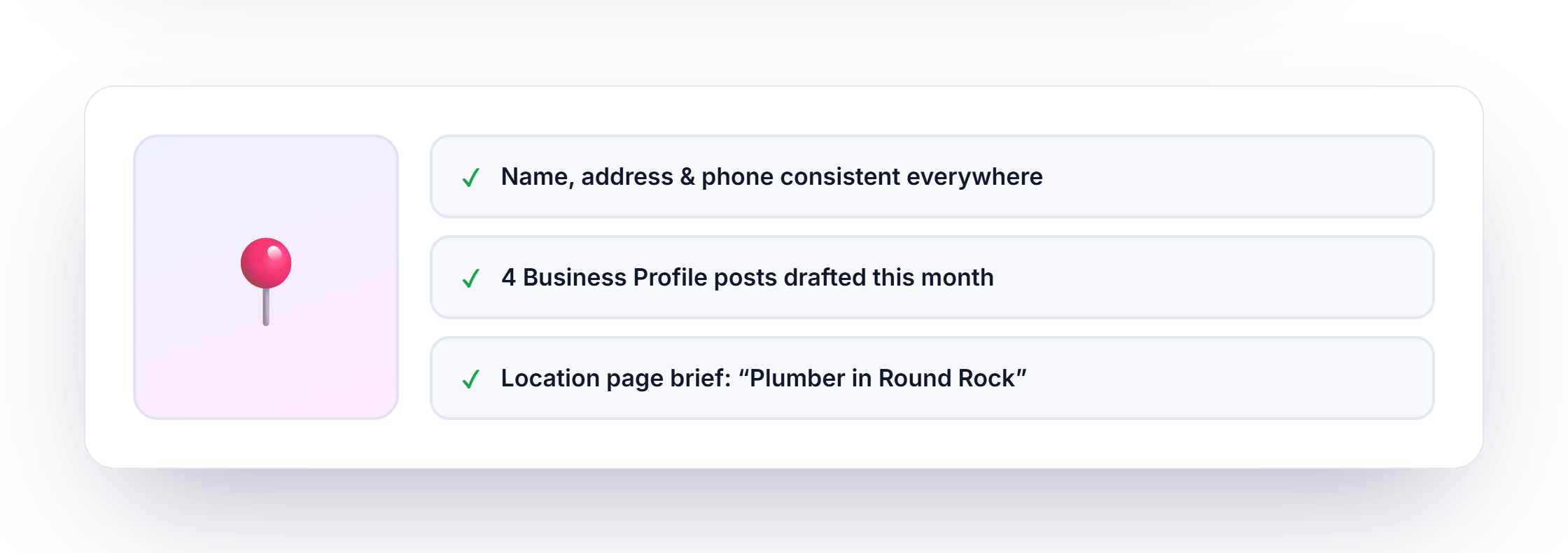 Local SEO checklist for consistent NAP, Business Profile posts, and location page briefs