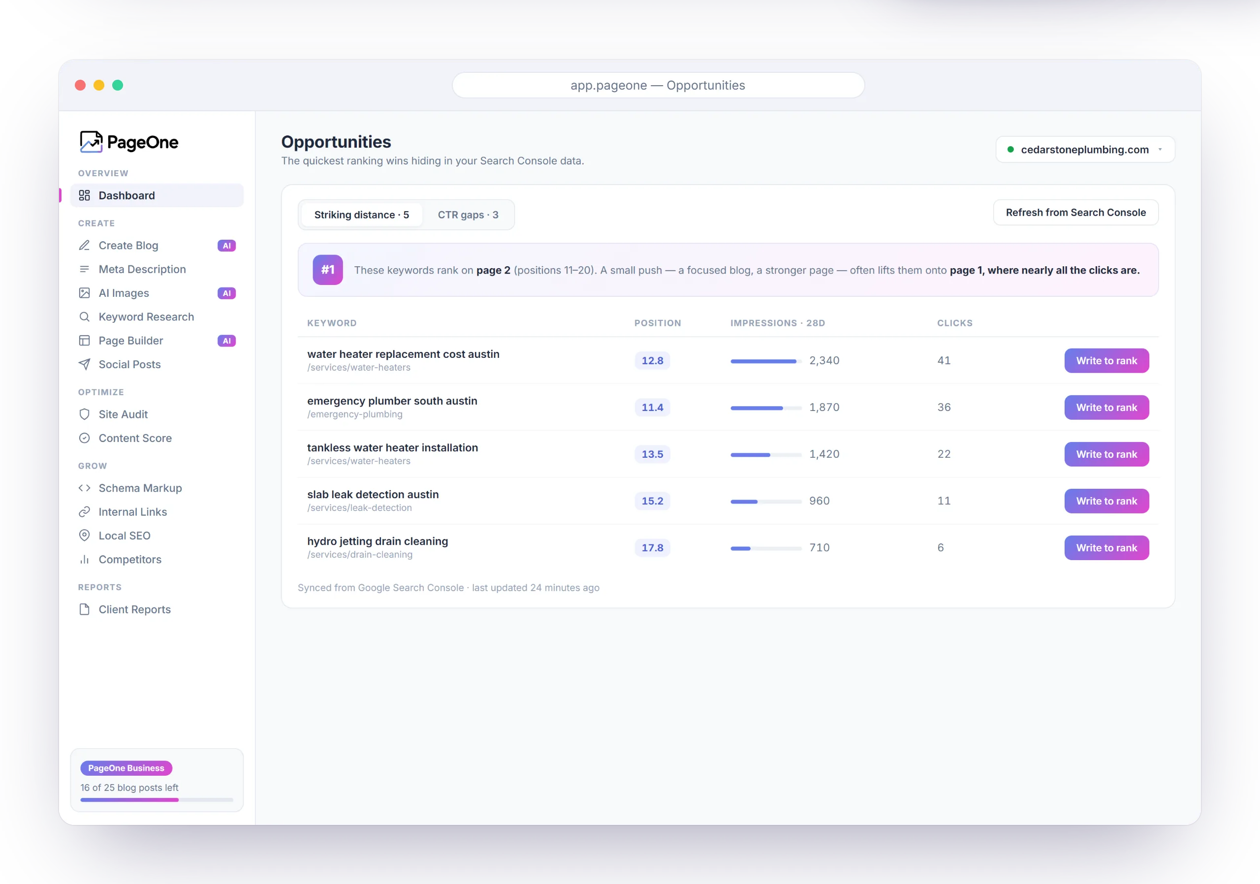 PageOne Opportunities screen listing striking-distance keywords with Write to rank actions