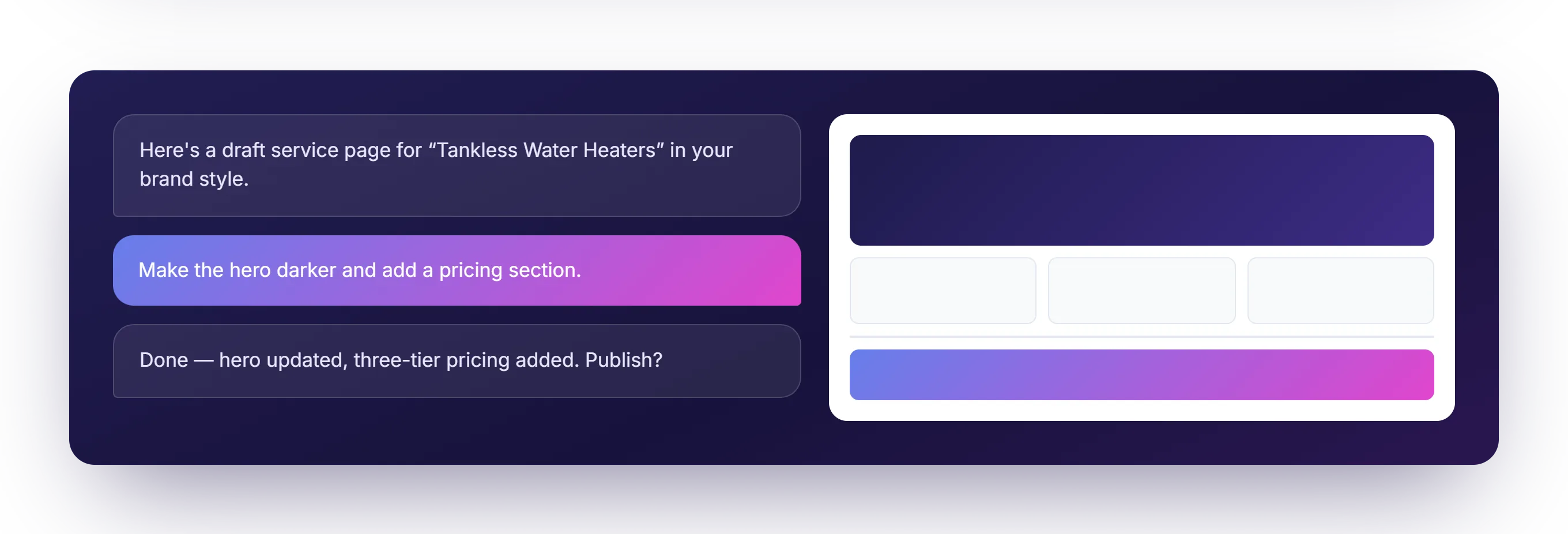 PageOne page builder chat drafting a tankless water heaters service page with live preview