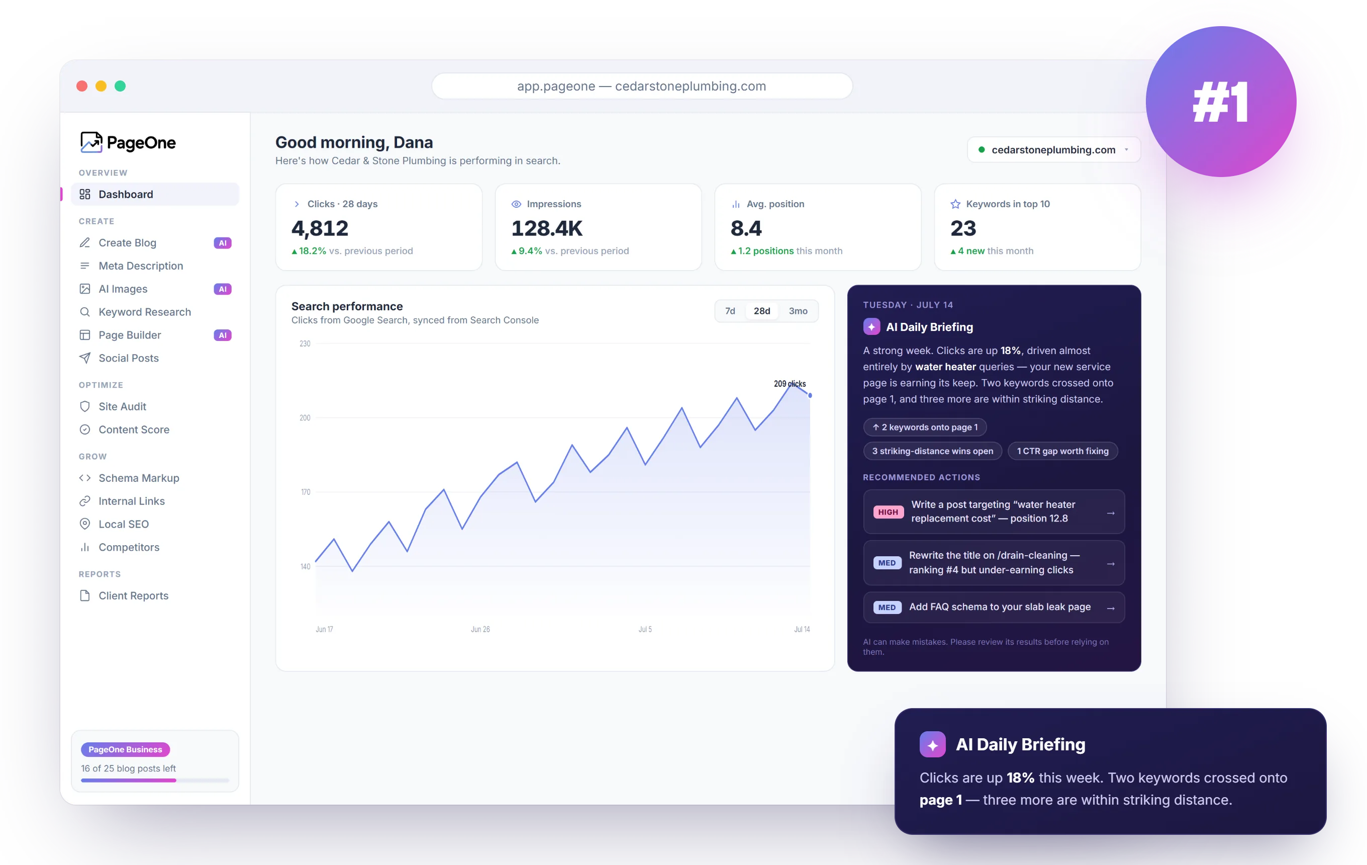 PageOne dashboard showing search performance, AI daily briefing, and recommended SEO actions